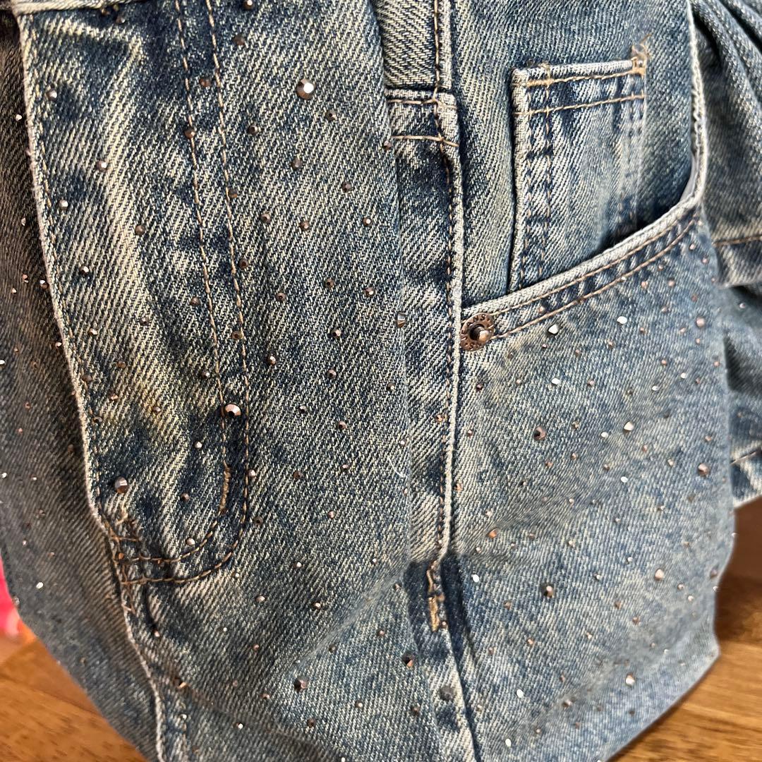 売約済み289デニムリメイク　アシンメトリー　ラインストーン　マグネットボタン
