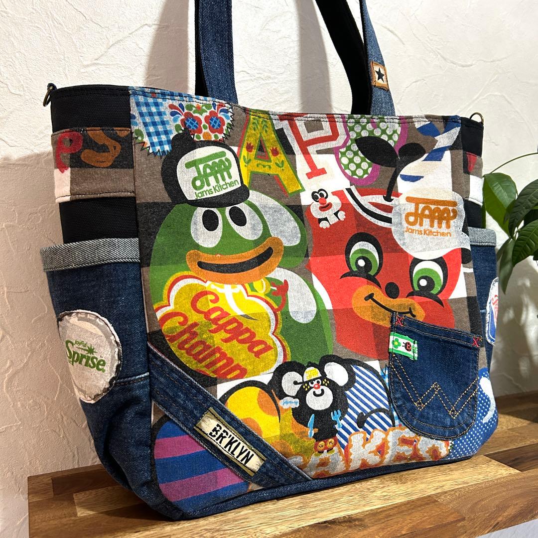 964.短期出品★デニムリメイク　トートバッグ　サイドポケット