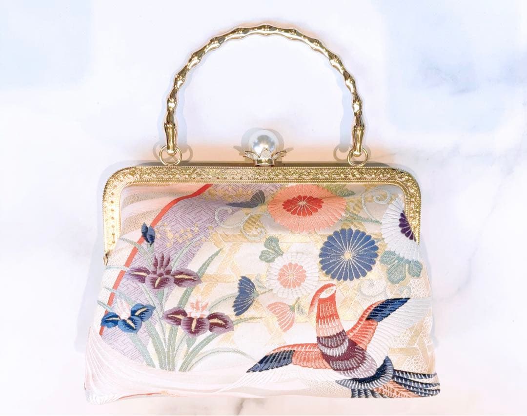 1月の新作♡悠々しい鳳凰ピンクゴールド口金格の高い濃密刺繍の最高級西陣帯地バッグ