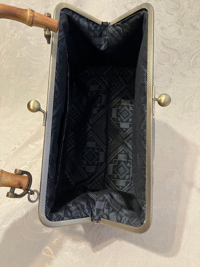 妖怪猫　がま口　バンブー　バッグ　大島紬　着物バッグ　和装バッグ　猫柄　歌川