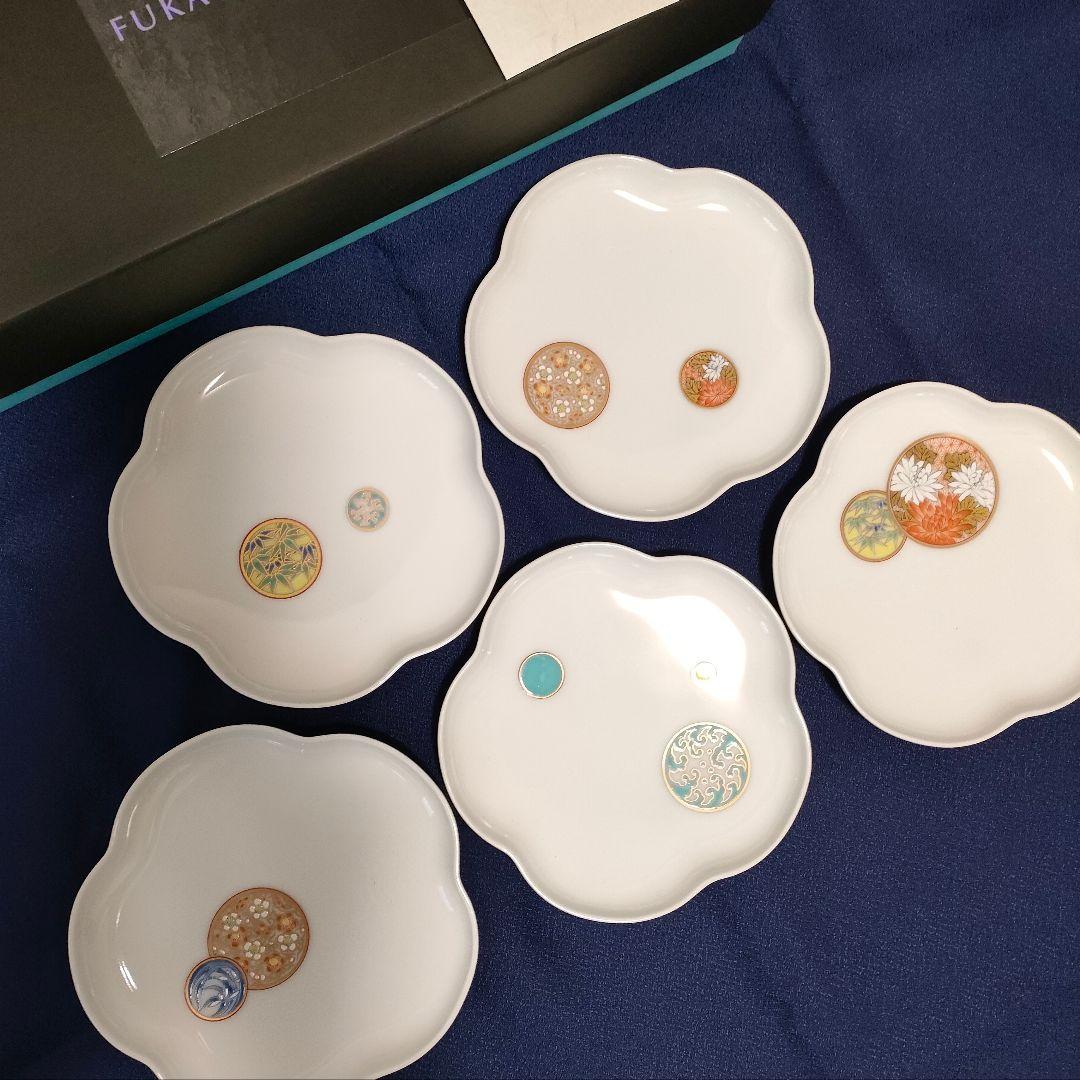 《未使用》深川製磁 寿赤絵 梅型銘々皿揃 5枚セット