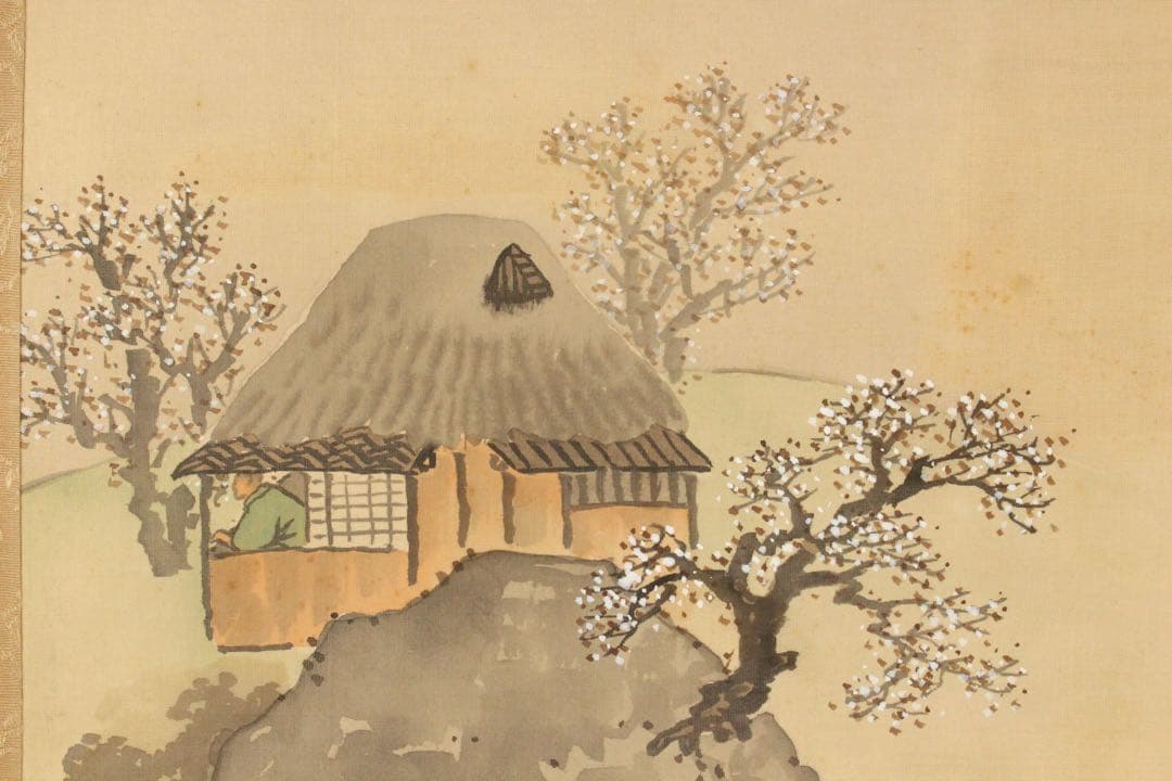 No5403 掛軸　成宮東湖　「新春梅屋」　山水図　絹本着色　共箱　送料無料