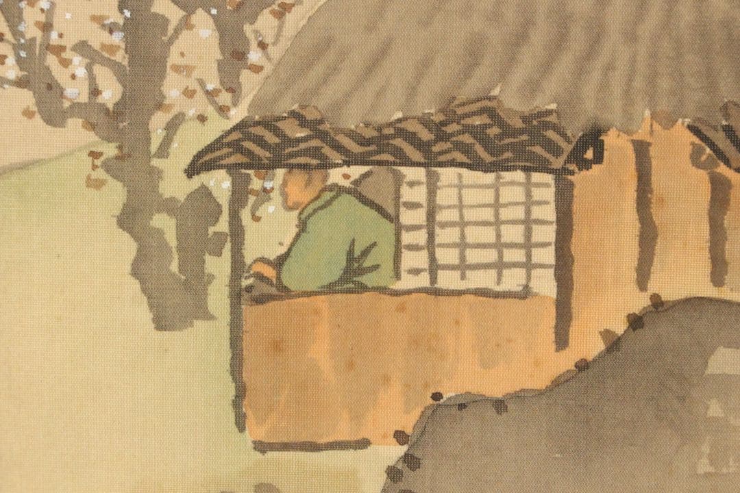 No5403 掛軸　成宮東湖　「新春梅屋」　山水図　絹本着色　共箱　送料無料