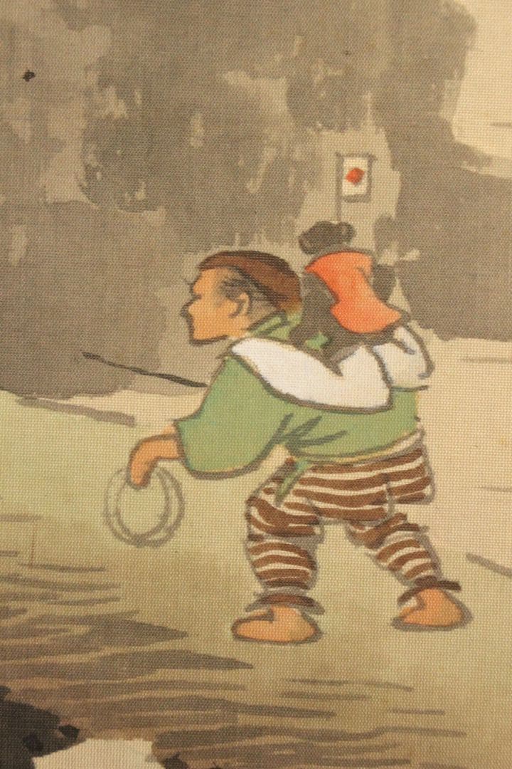 No5403 掛軸　成宮東湖　「新春梅屋」　山水図　絹本着色　共箱　送料無料