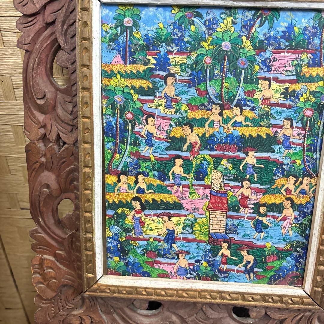 バリ島絵画　手描き農作業風景画 木製フレーム付き