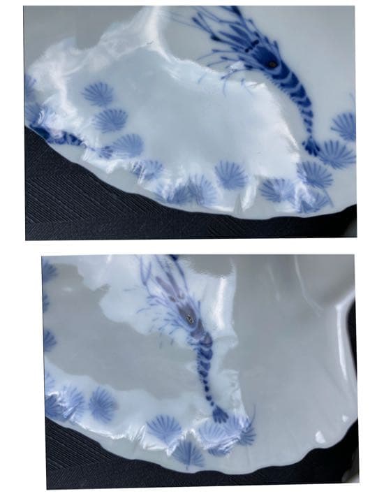 古伊万里　海老文貝型小皿　貝型　小皿　珍味皿　醤油皿　5枚　縁薄め　骨董