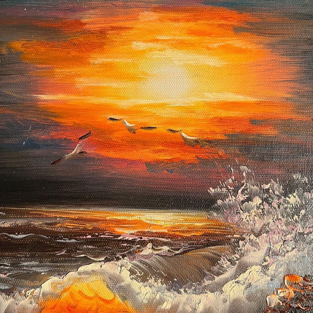手書き油絵 荒海 額付き 絵画 インテリア 油彩画