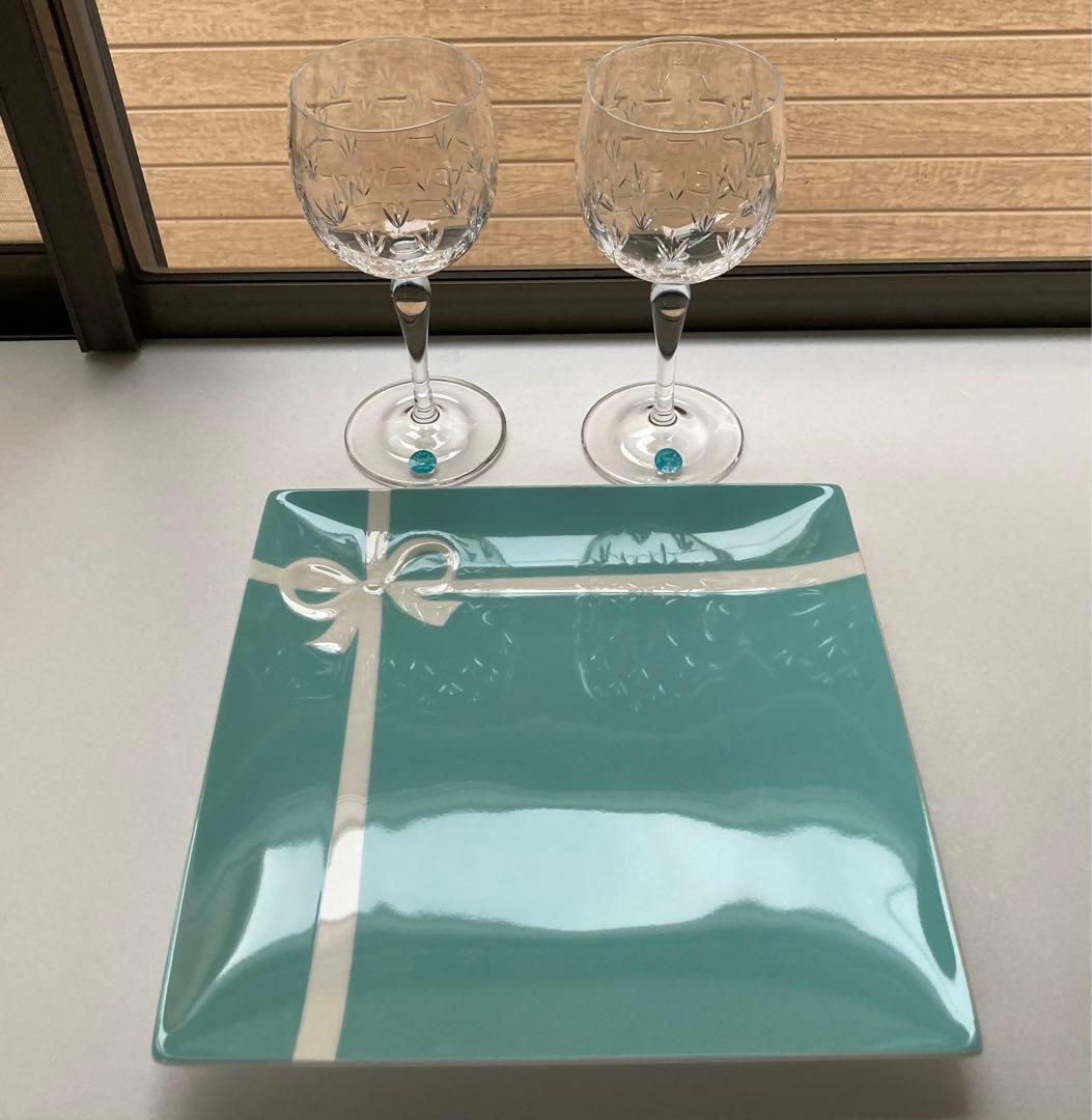 美品　TIFFANY＆Co ティファニー＆コー スクエア プレート ワイングラス