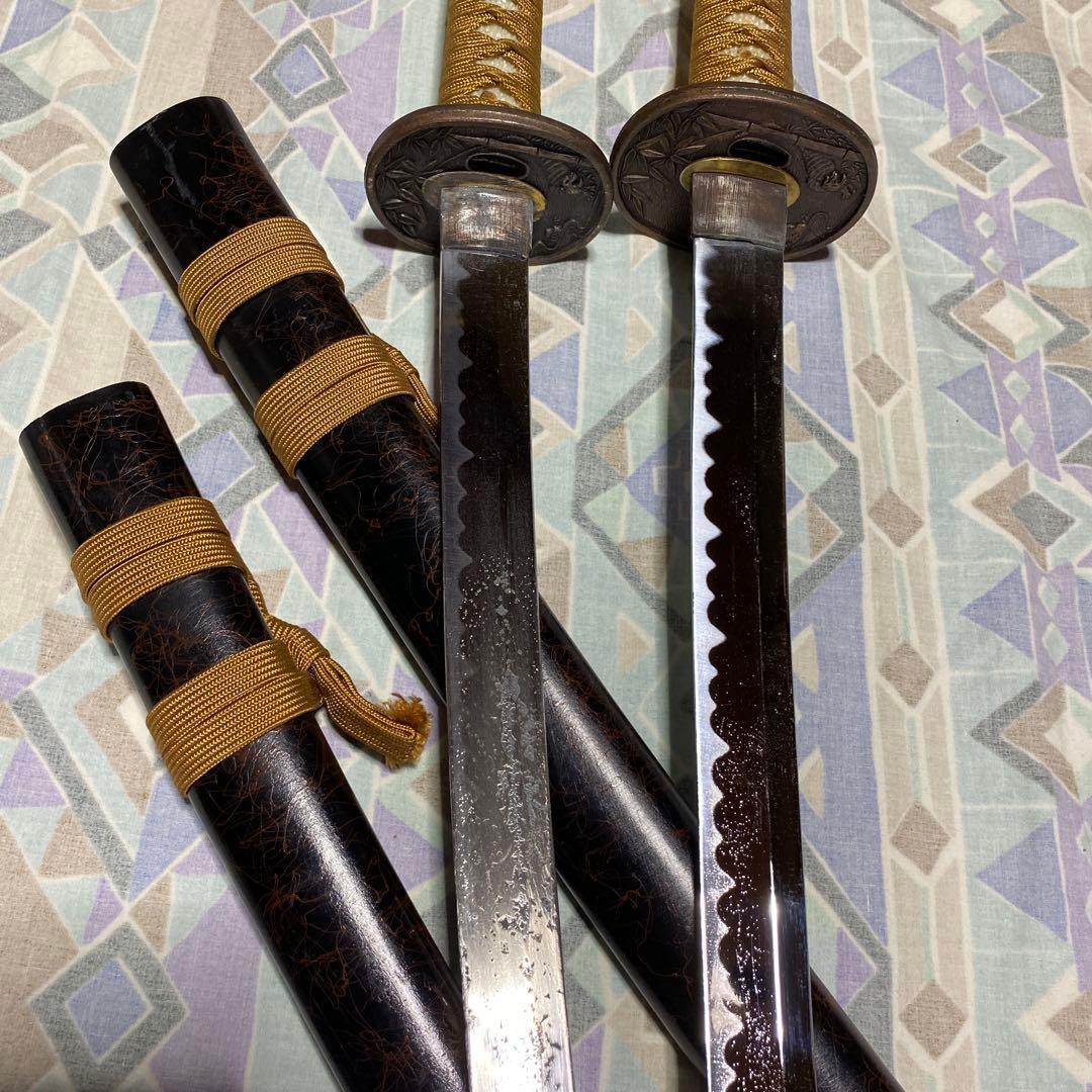 激安模造刀大小2本 金茶柄 竹笹図楕円鍔