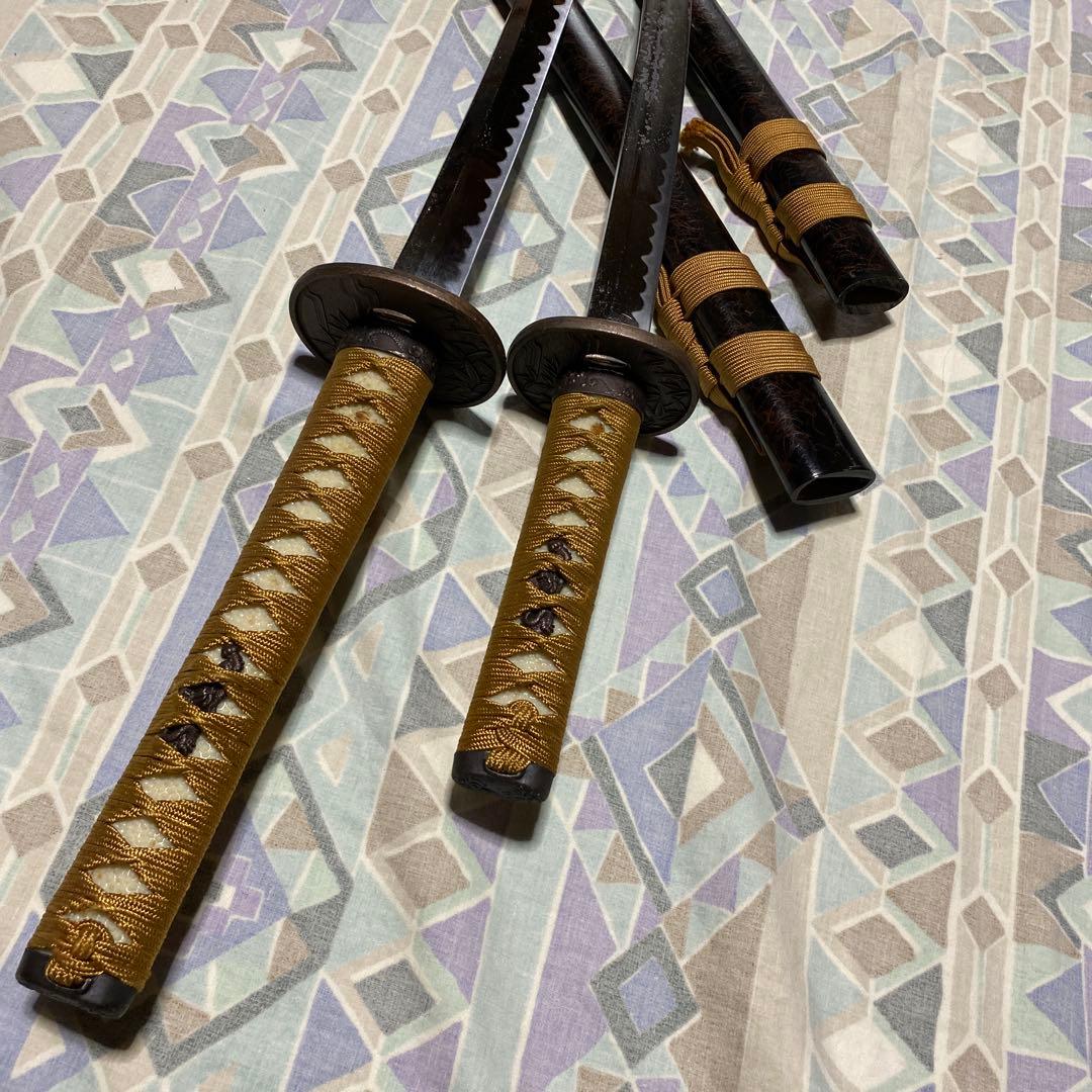 激安模造刀大小2本 金茶柄 竹笹図楕円鍔