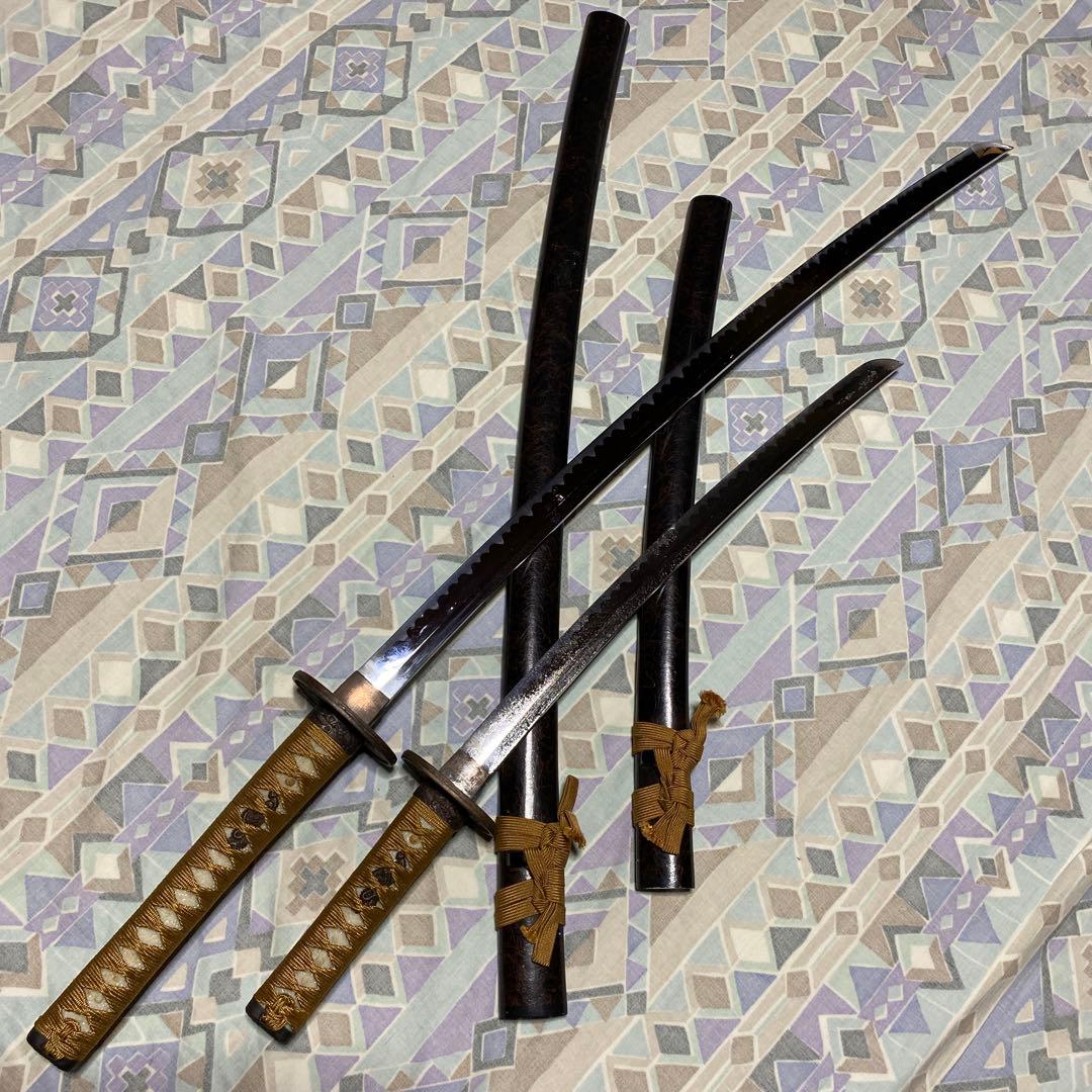 激安模造刀大小2本 金茶柄 竹笹図楕円鍔