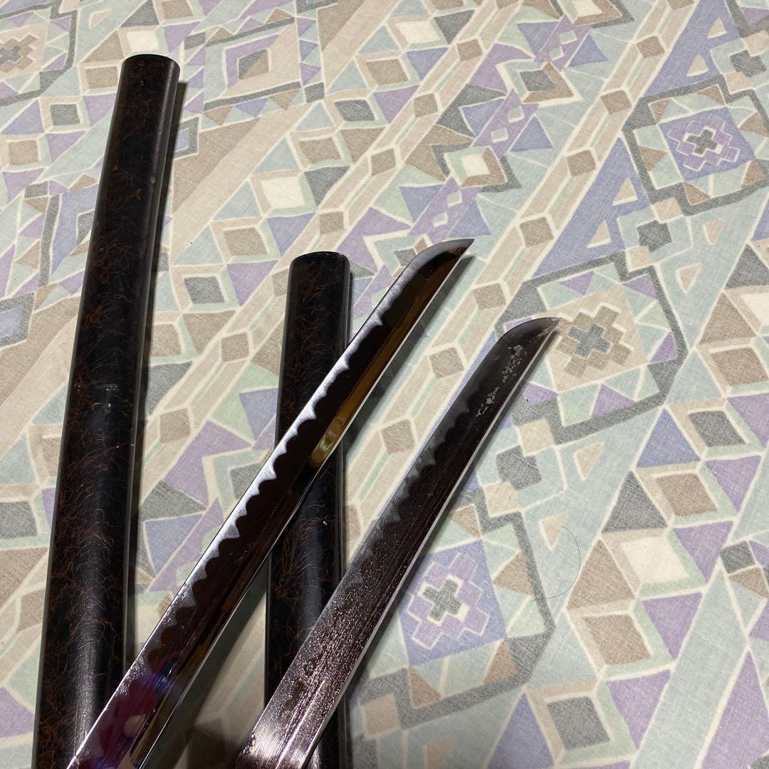 激安模造刀大小2本 金茶柄 竹笹図楕円鍔