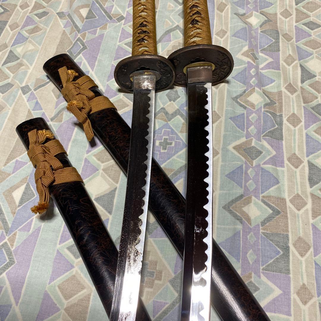 激安模造刀大小2本 金茶柄 竹笹図楕円鍔