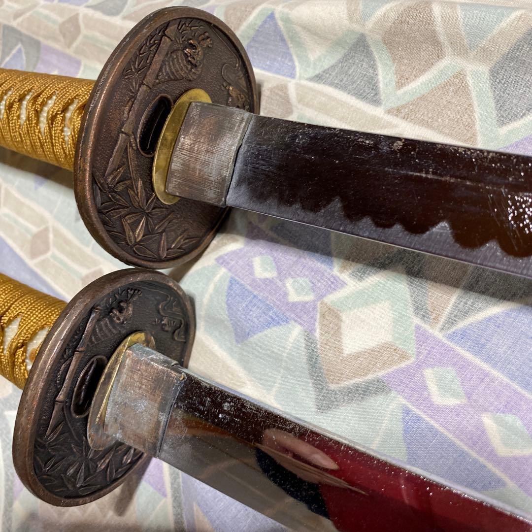 激安模造刀大小2本 金茶柄 竹笹図楕円鍔