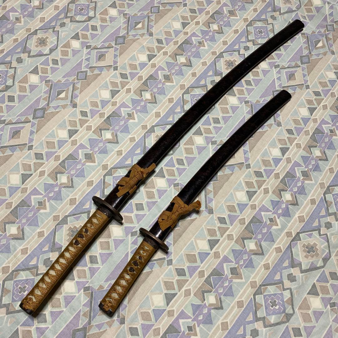 激安模造刀大小2本 金茶柄 竹笹図楕円鍔