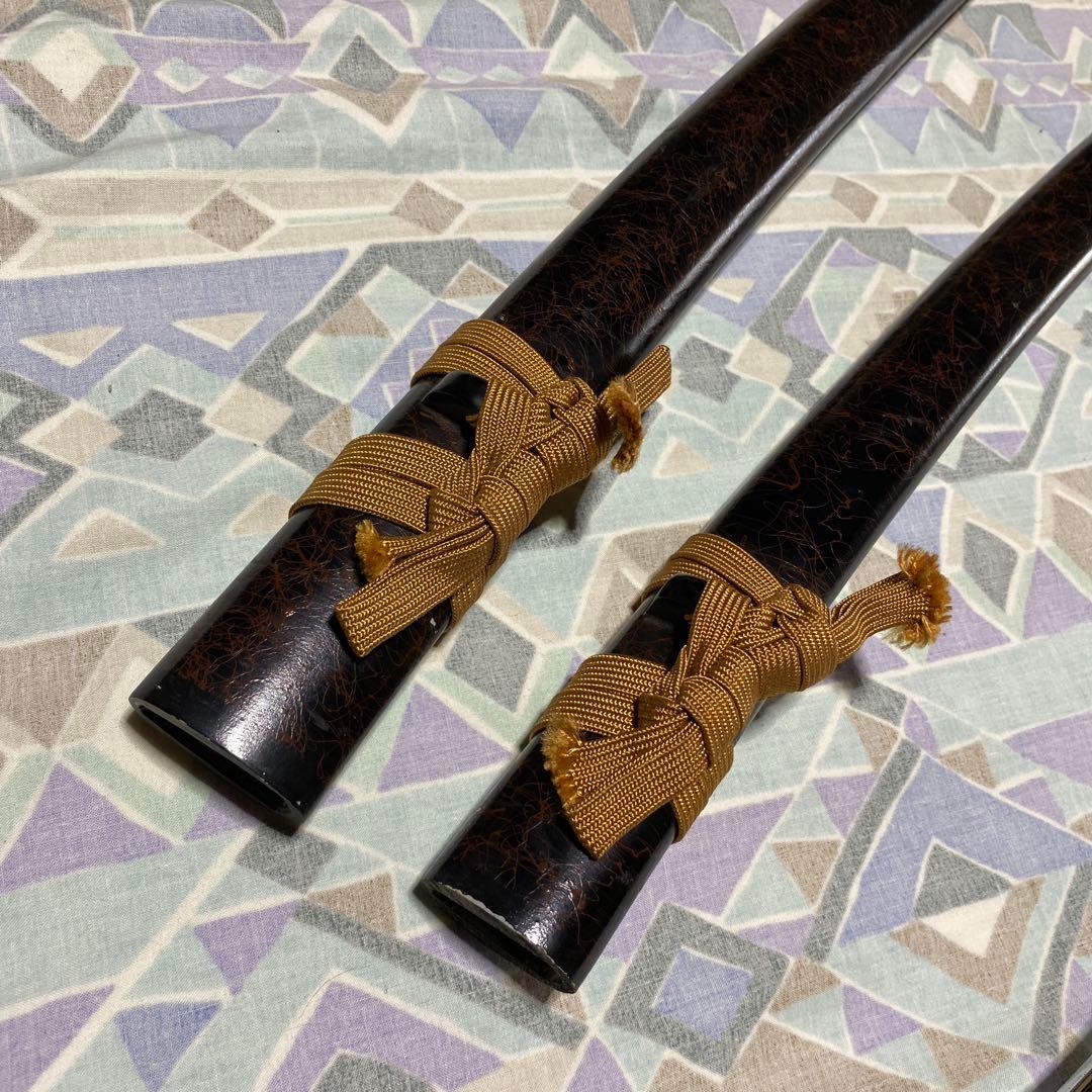 激安模造刀大小2本 金茶柄 竹笹図楕円鍔