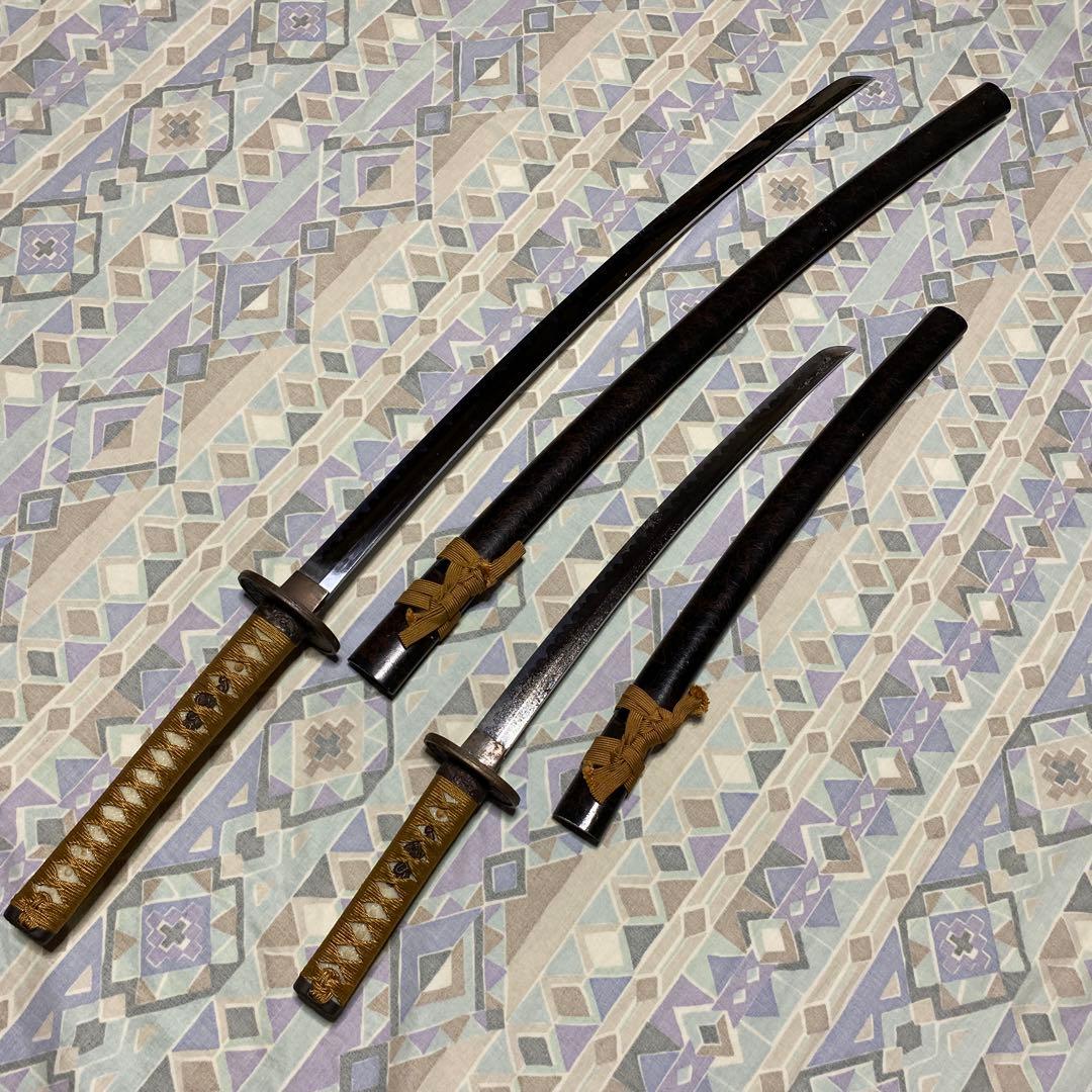 激安模造刀大小2本 金茶柄 竹笹図楕円鍔