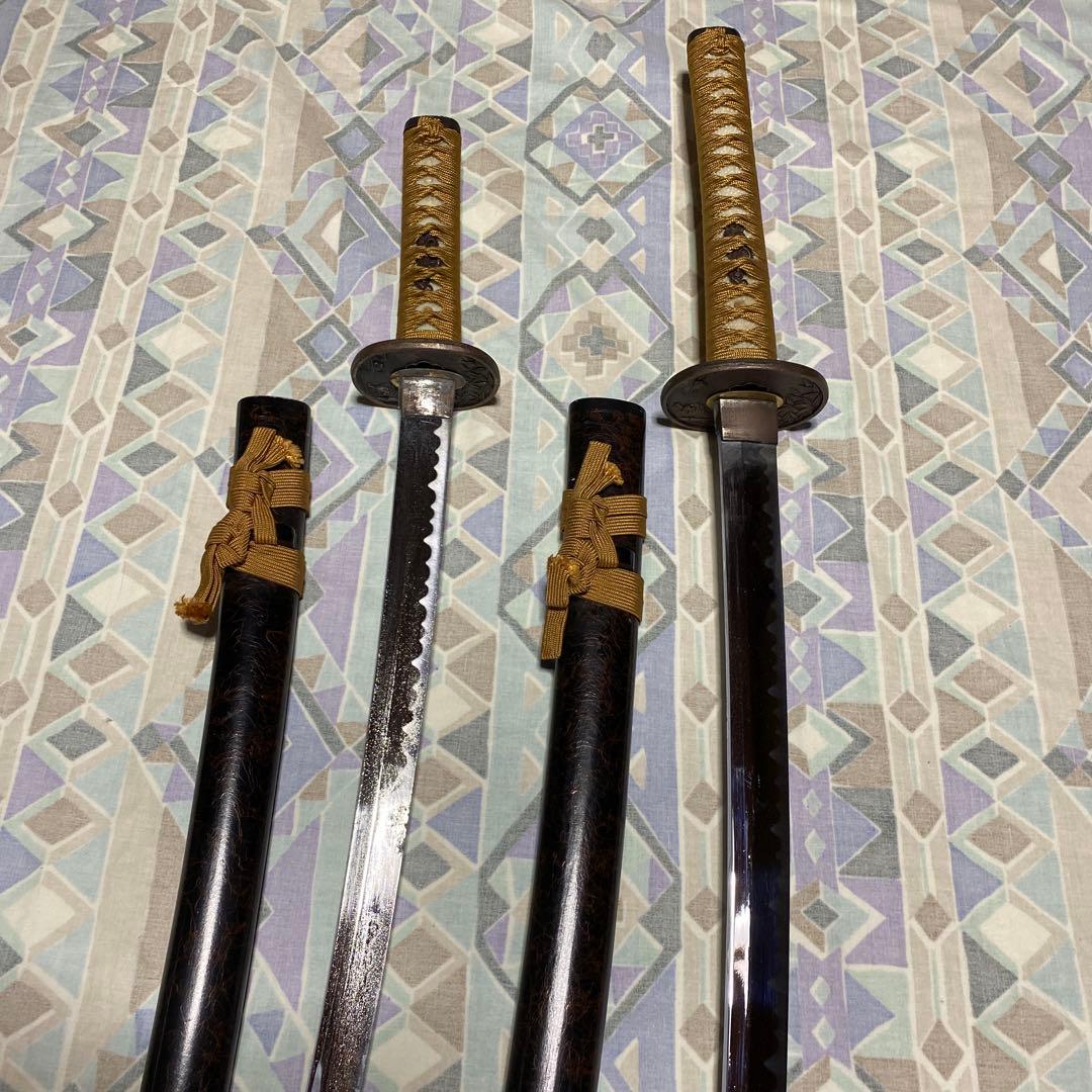 激安模造刀大小2本 金茶柄 竹笹図楕円鍔