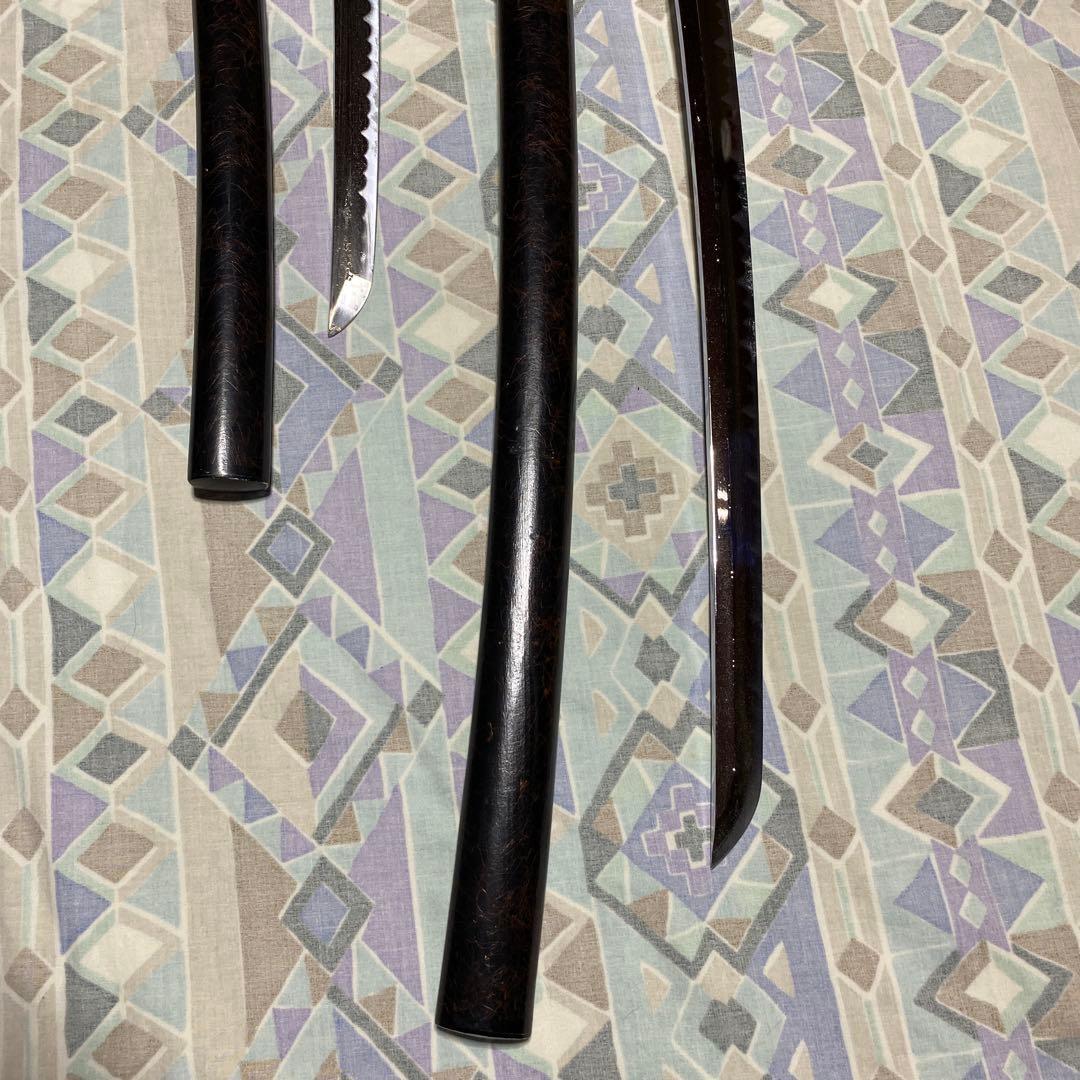 激安模造刀大小2本 金茶柄 竹笹図楕円鍔