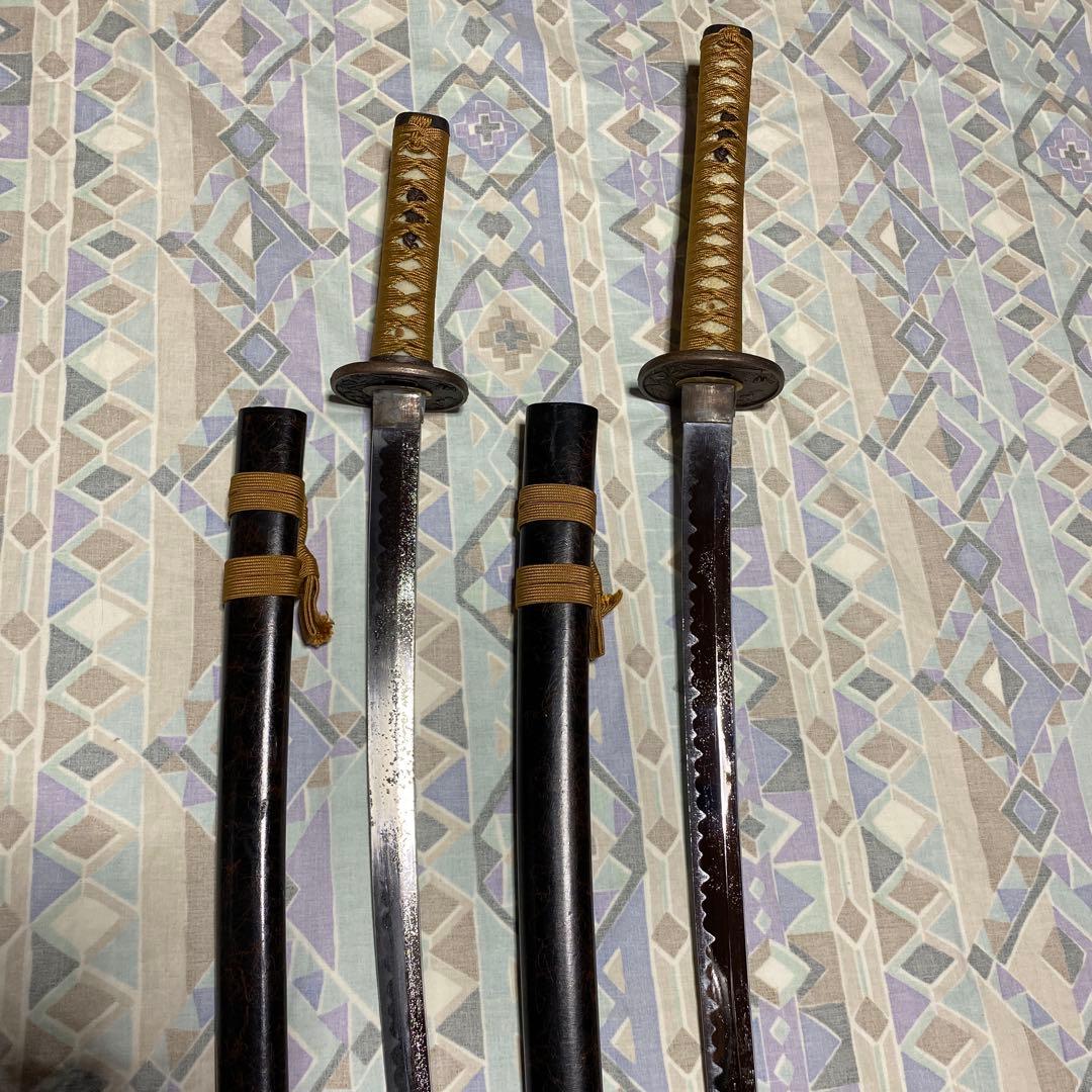 激安模造刀大小2本 金茶柄 竹笹図楕円鍔