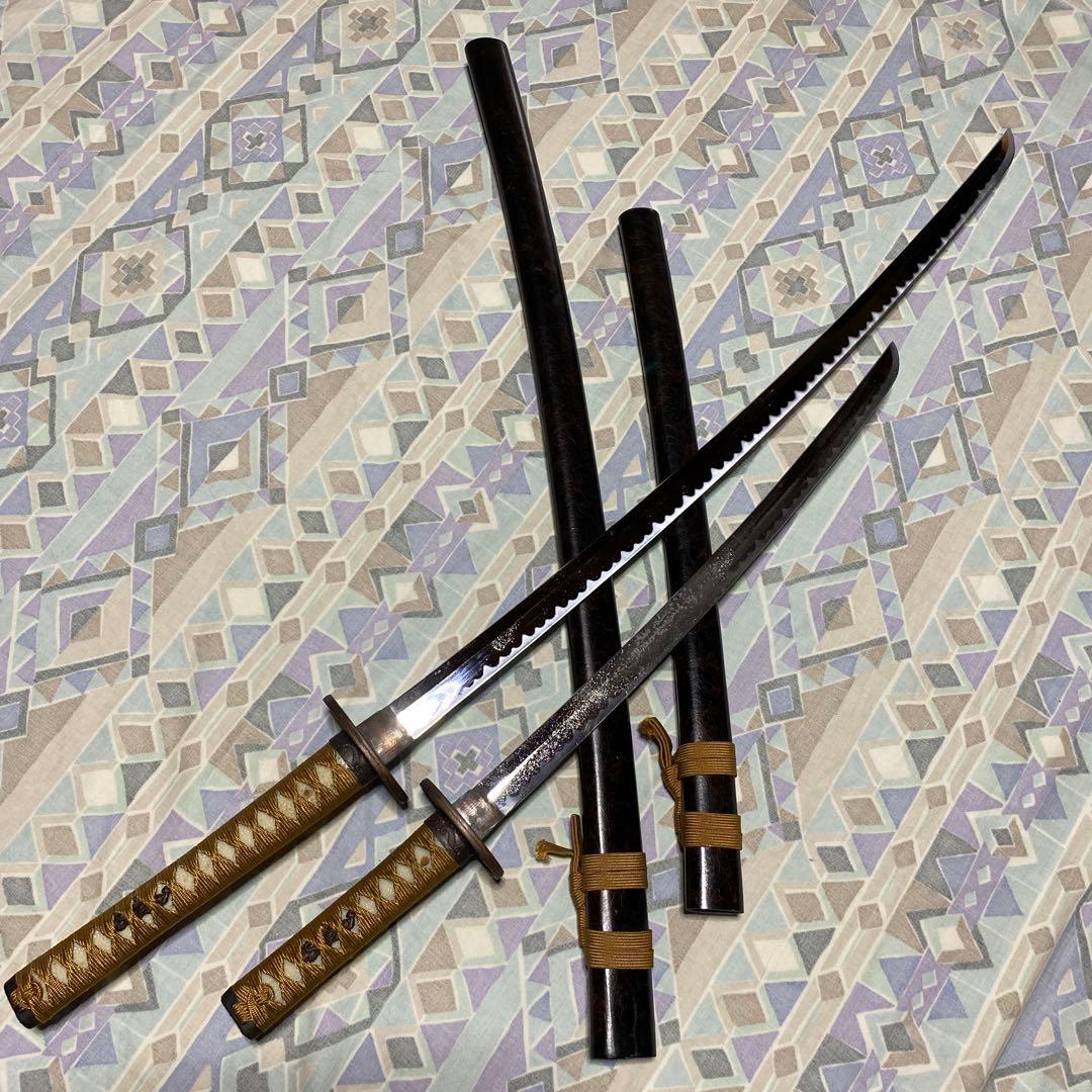 激安模造刀大小2本 金茶柄 竹笹図楕円鍔