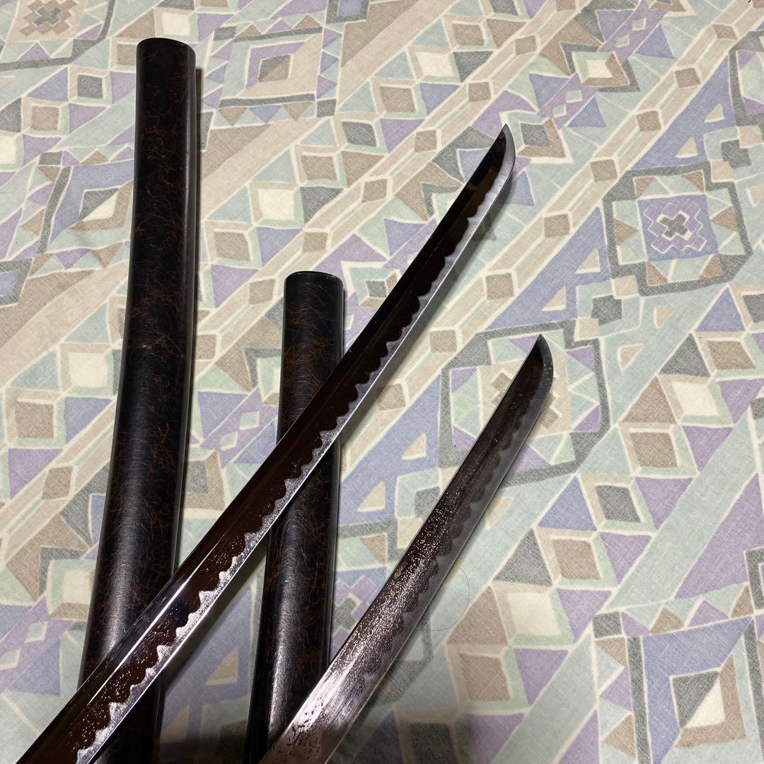 激安模造刀大小2本 金茶柄 竹笹図楕円鍔