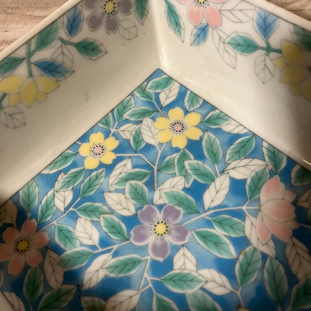 D-4 【庫山窯】和皿 スクエア ボウル 花柄 伝統工芸 色絵 盛鉢 金彩
