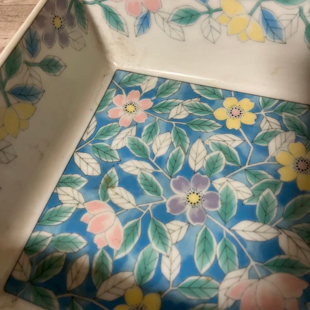 D-4 【庫山窯】和皿 スクエア ボウル 花柄 伝統工芸 色絵 盛鉢 金彩