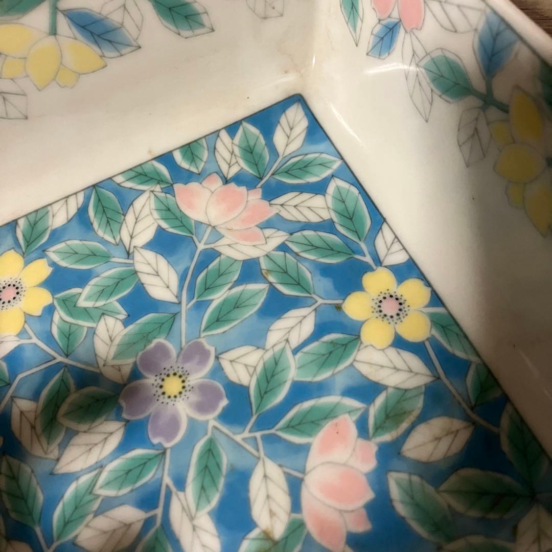 D-4 【庫山窯】和皿 スクエア ボウル 花柄 伝統工芸 色絵 盛鉢 金彩