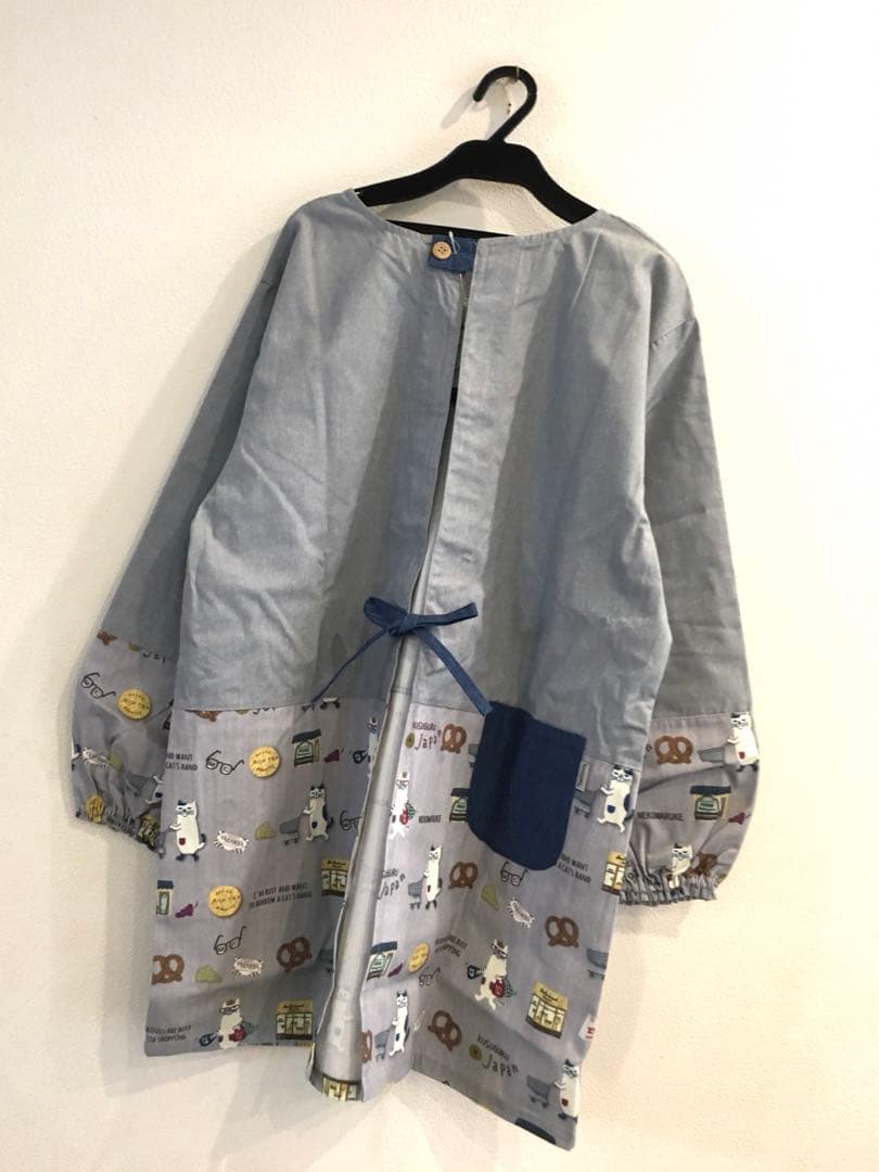 保育士　割烹着　猫柄　ネコまるけ　ラグラン　かわいい　クスグル　ねこ　リブ