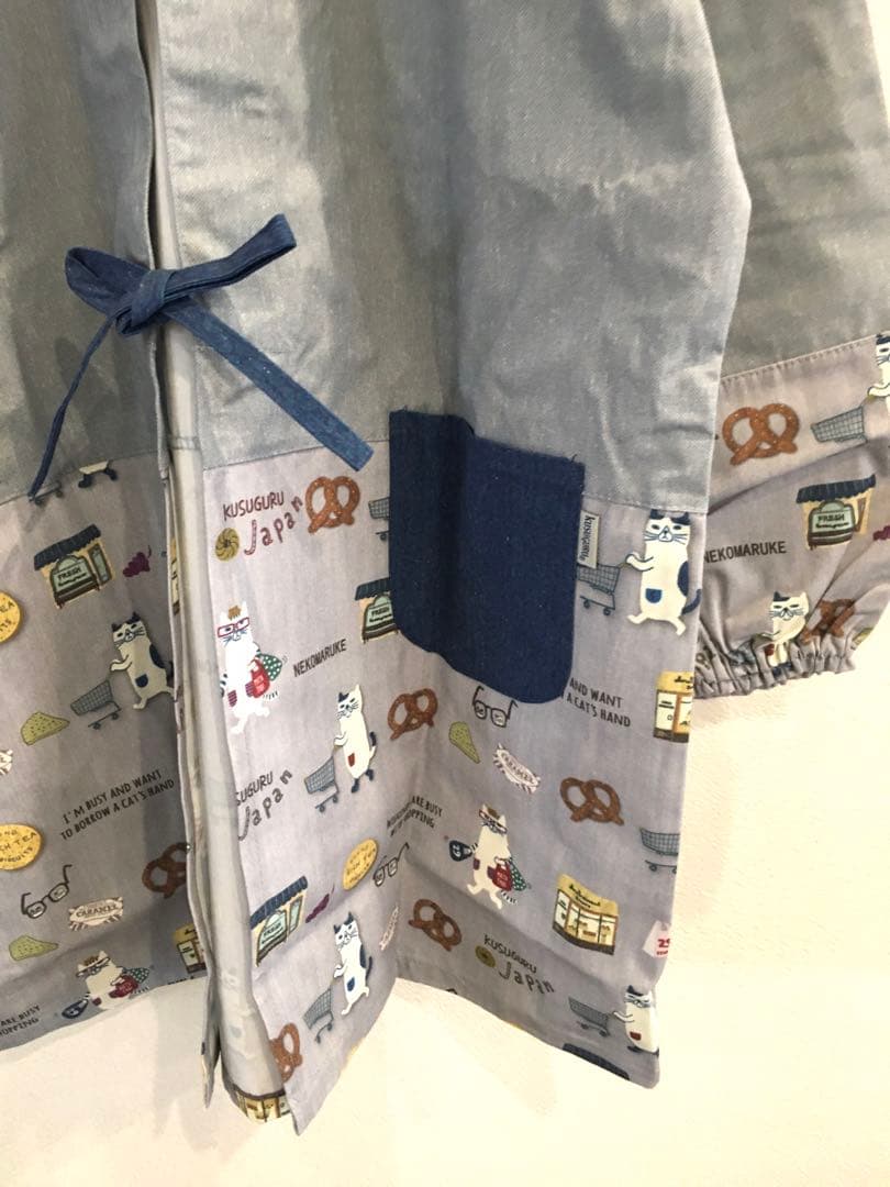 保育士　割烹着　猫柄　ネコまるけ　ラグラン　かわいい　クスグル　ねこ　リブ