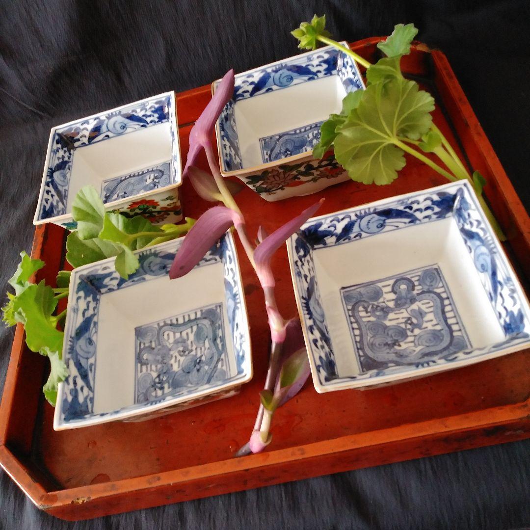 「縁反(ふちぞ)りのおしゃれ感！」古伊万里 色絵向付 4客セット 骨董アンティー