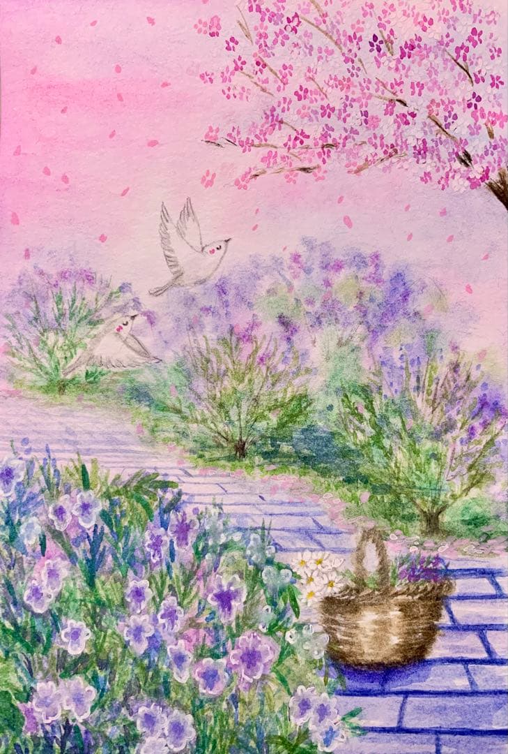 ♡たまみな♡春の風景 水彩画 ローズマリーが咲く　値段は※900円です