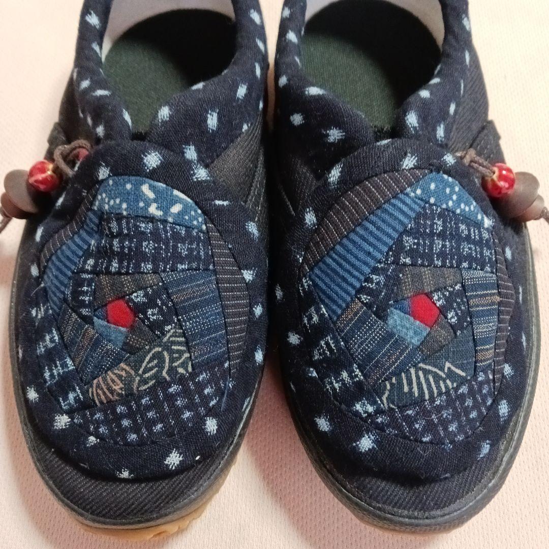 山本鈴子様～古布リメイク～雪ん子絣型染め縞パッチワーク足袋シューズ22、5cm