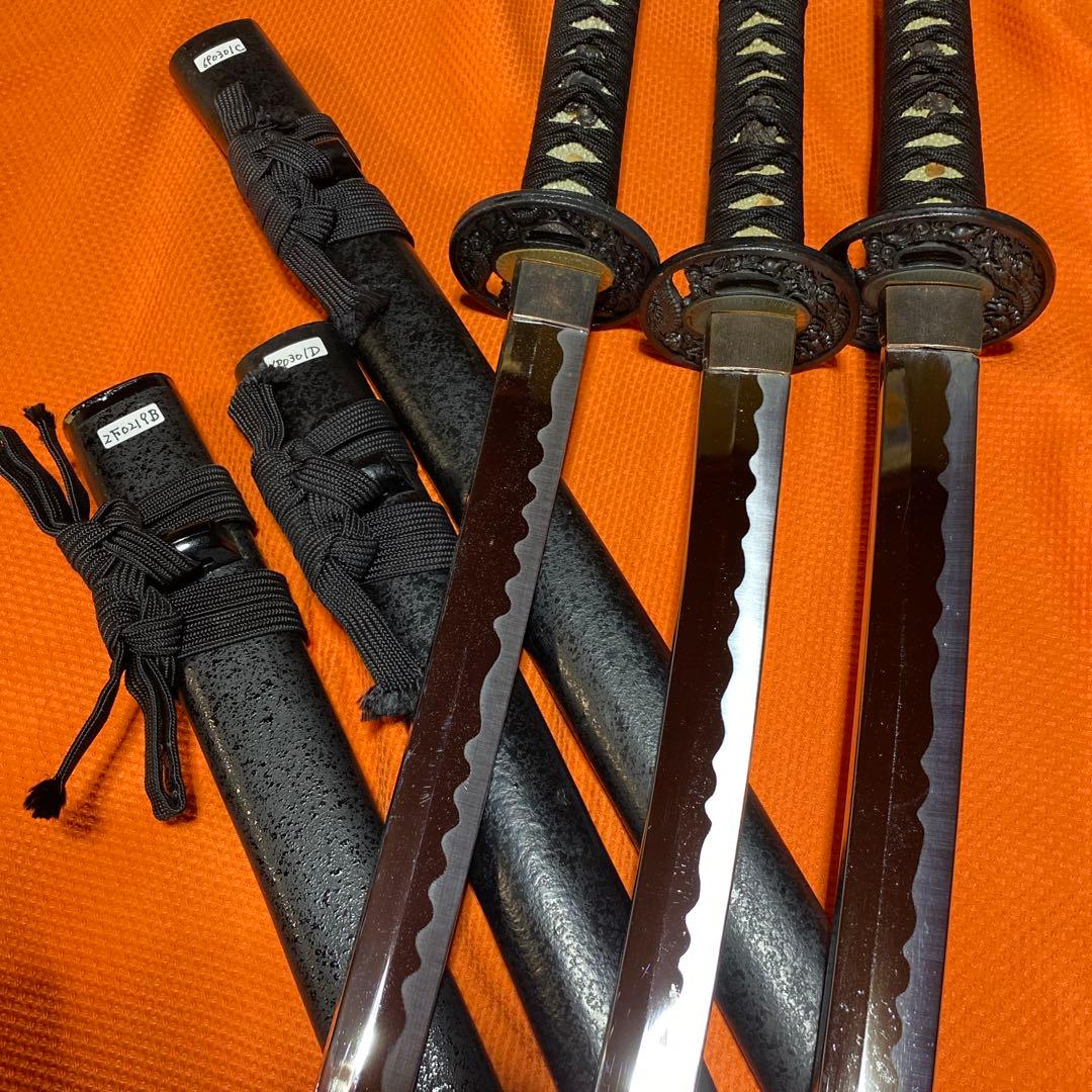 割安模造刀大小3本セット 黒柄 雲龍楕円鍔