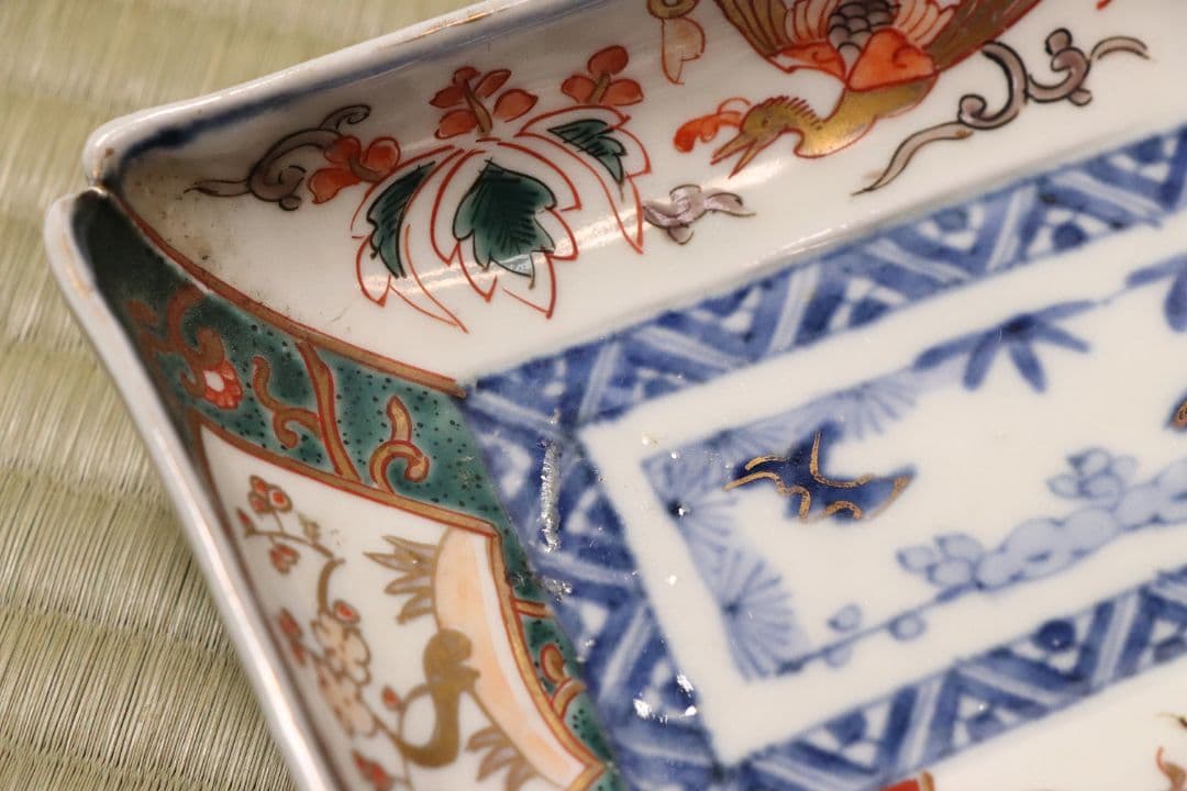 【CM51】古伊万里 色絵 長方刺身皿 角皿 五客 桐鳳凰 松竹梅 扇面 花唐草