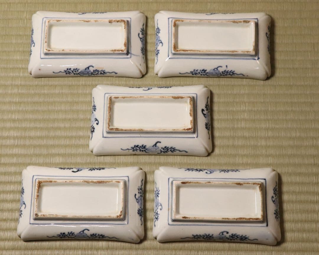 【CM51】古伊万里 色絵 長方刺身皿 角皿 五客 桐鳳凰 松竹梅 扇面 花唐草