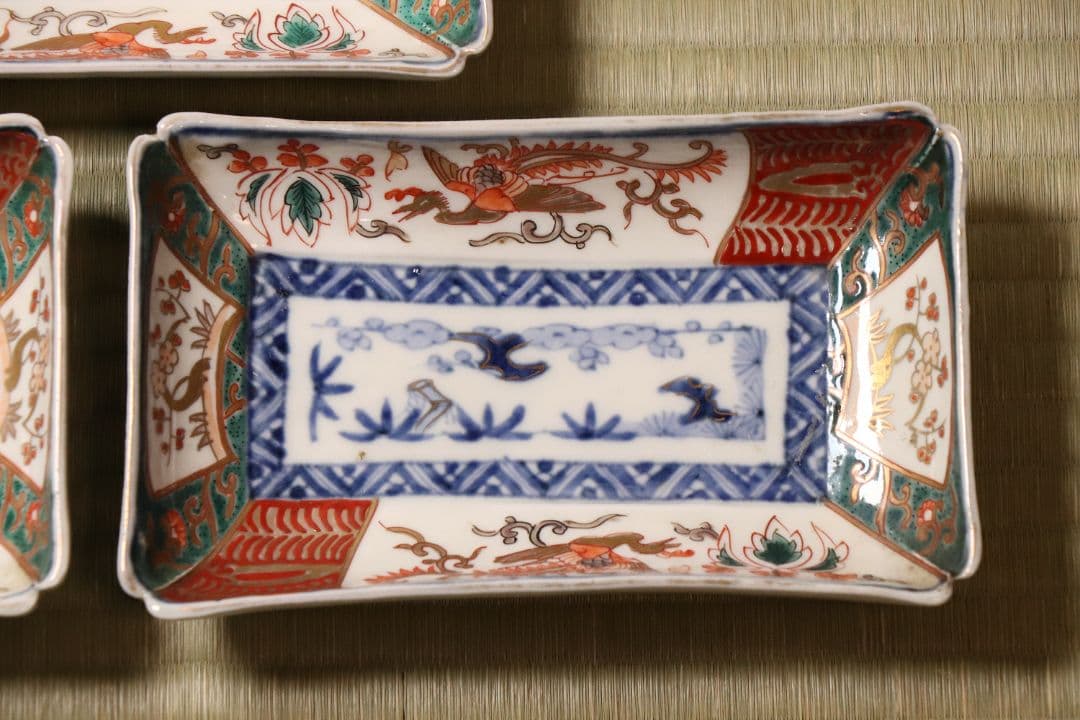 【CM51】古伊万里 色絵 長方刺身皿 角皿 五客 桐鳳凰 松竹梅 扇面 花唐草
