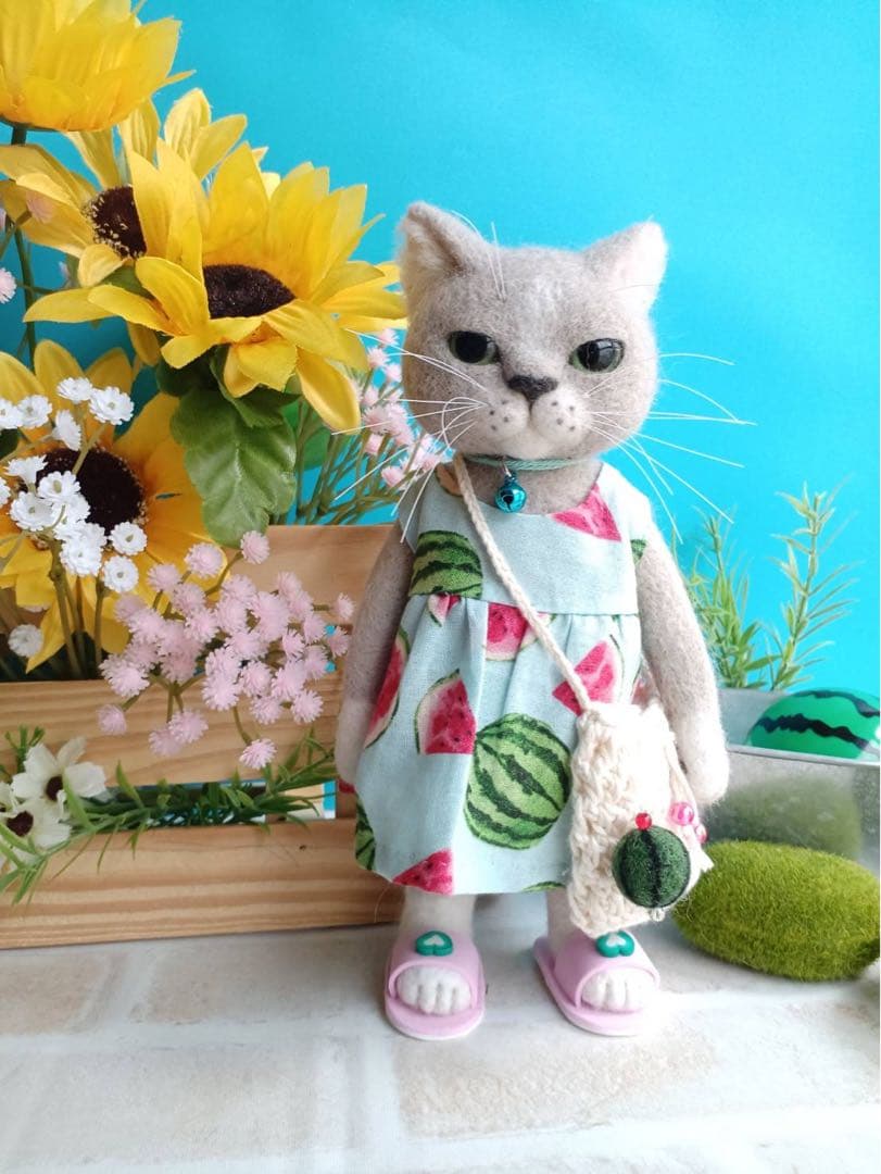 ハンドメイド★羊毛フェルト　猫　夏　スイカ　ネコ