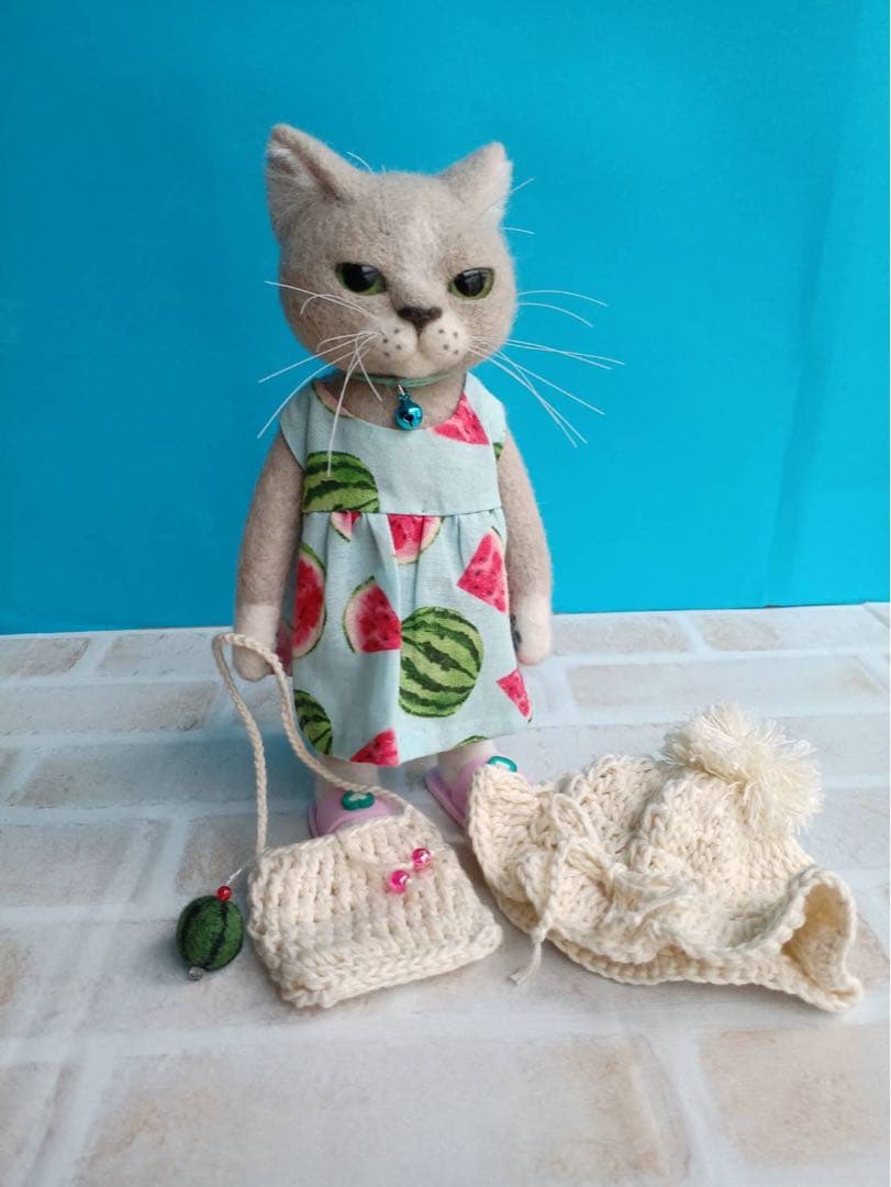 ハンドメイド★羊毛フェルト　猫　夏　スイカ　ネコ