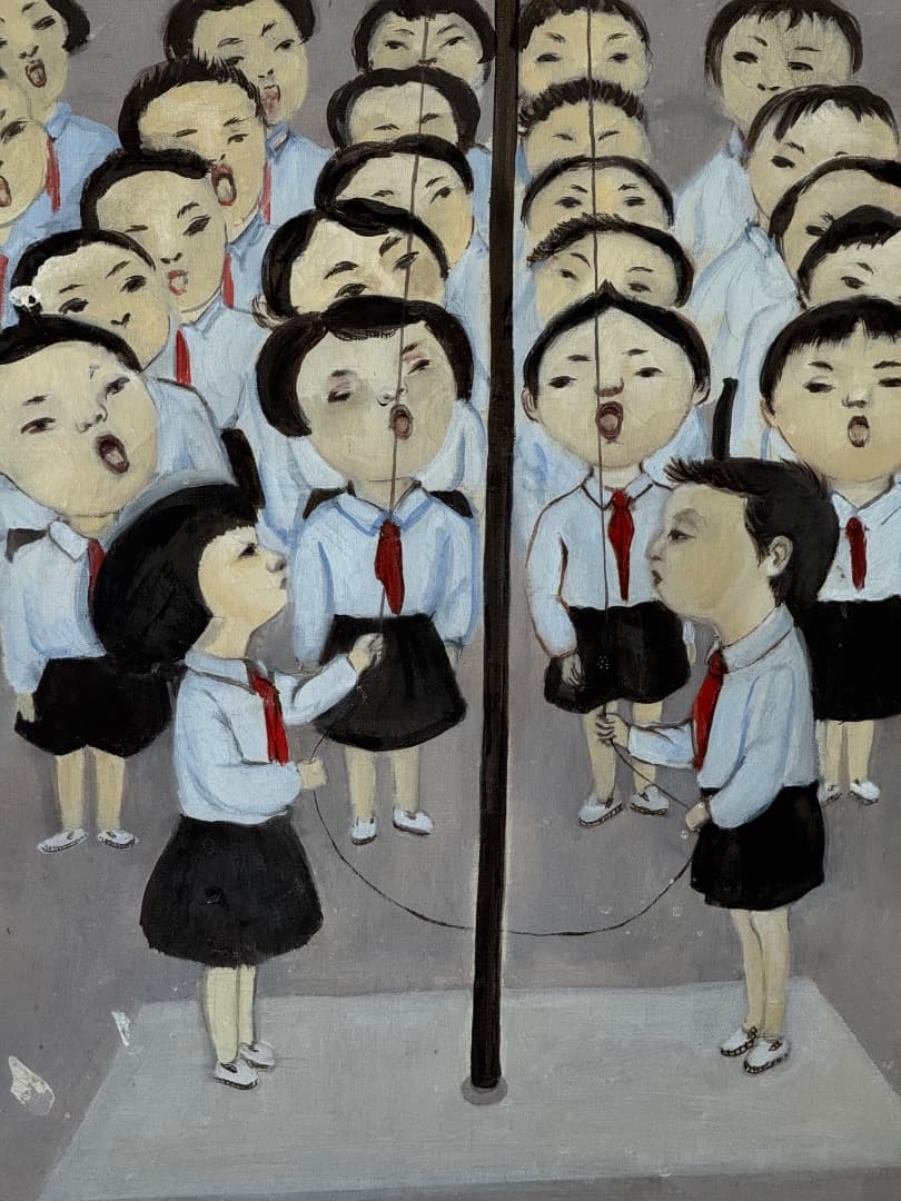 現代中国風 児童合唱 赤旗 油彩画 大型キャンバス 136cm