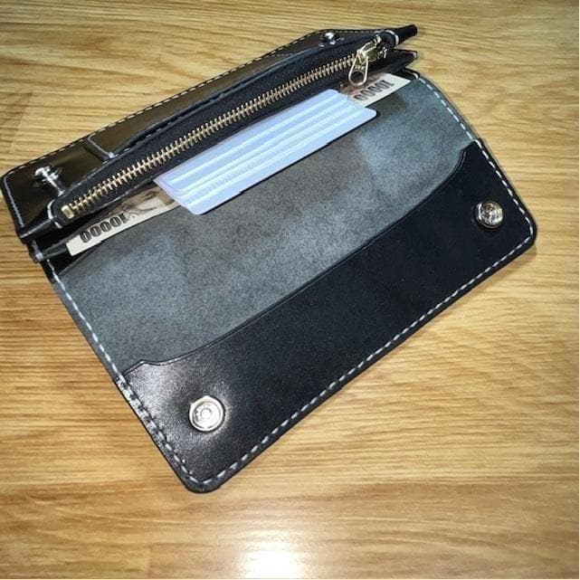 ロングトラッカーウォレット/栃木レザー/黒色/ステッチ白色/フルハンドメイド