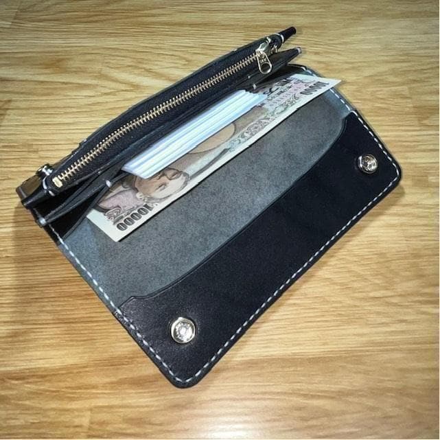 ロングトラッカーウォレット/栃木レザー/黒色/ステッチ白色/フルハンドメイド