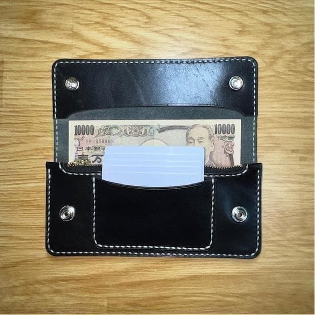 ロングトラッカーウォレット/栃木レザー/黒色/ステッチ白色/フルハンドメイド