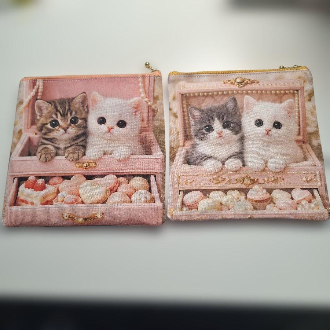 激レアねこパネル生地　ハンドメイド　フラットポーチ