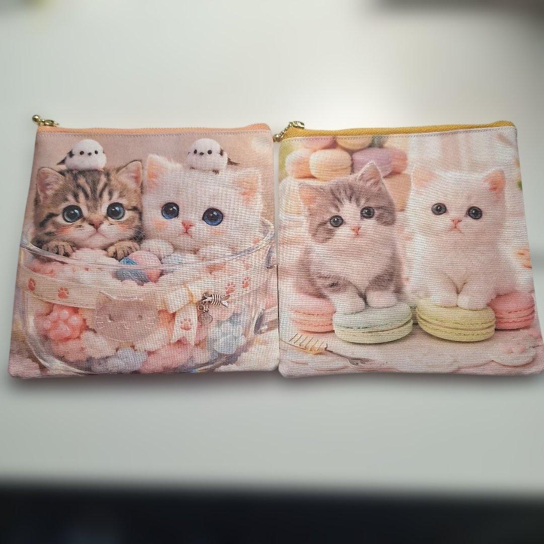 激レアねこパネル生地　ハンドメイド　フラットポーチ