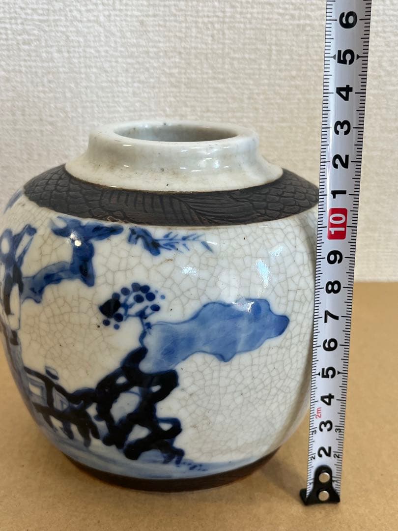 中国古美術 清朝期青花 康熙年製 銘 桃人物図 小壺時代物