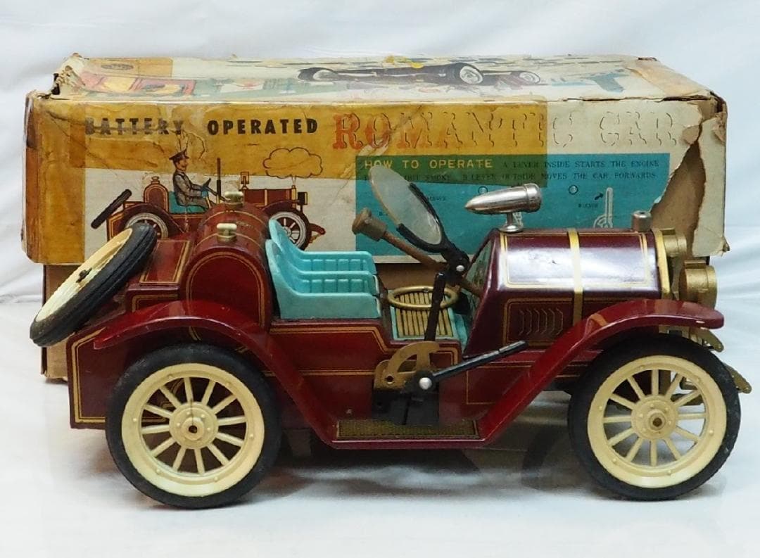 増田屋【ロマンティックカー赤ハンドル折 動作不良】tinブリキtoy car箱付