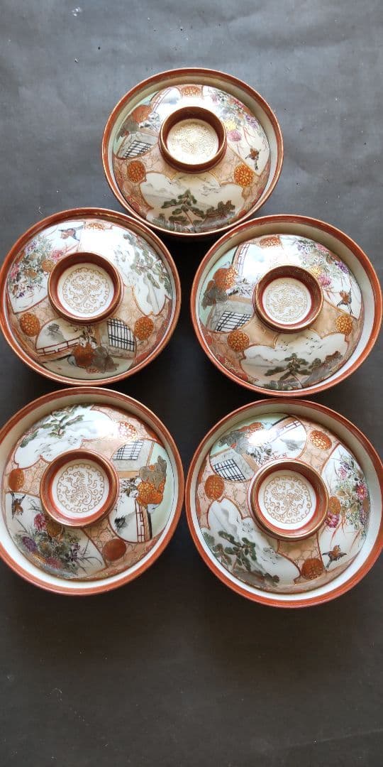 明治期　九谷焼　土井製　赤絵　蓋茶碗5個　骨董　アンティーク　古伊万里