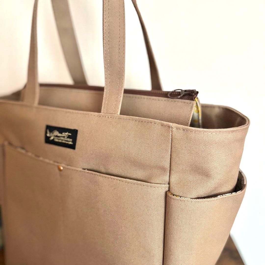 倉敷8号帆布サイドポケット付きトートバッグL マッシュルーム　ファスナー開閉